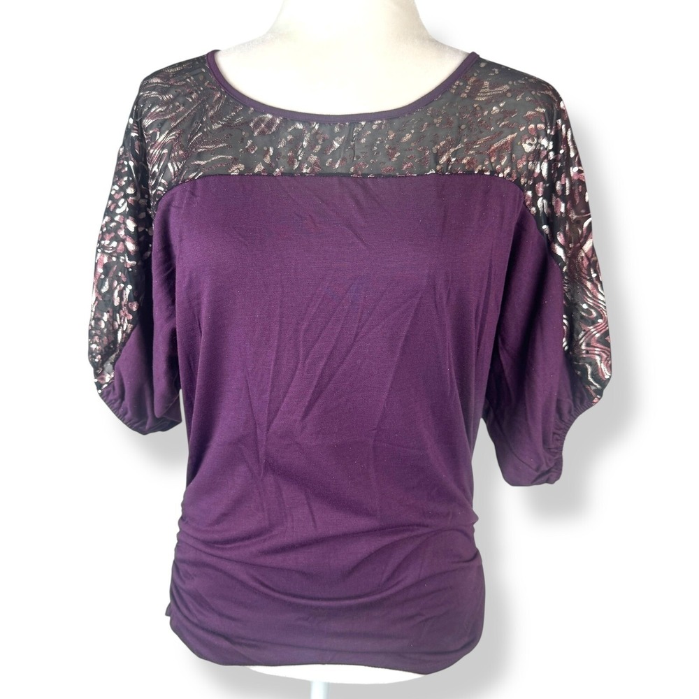 Y2K 2000s Womens Top Size 1XL Purple Sparkle Sheer Party Festival Made In‎ USA